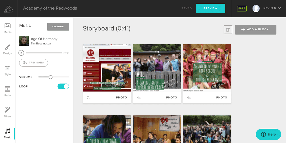Screenshot von Animoto, das Musik hinzufügt.