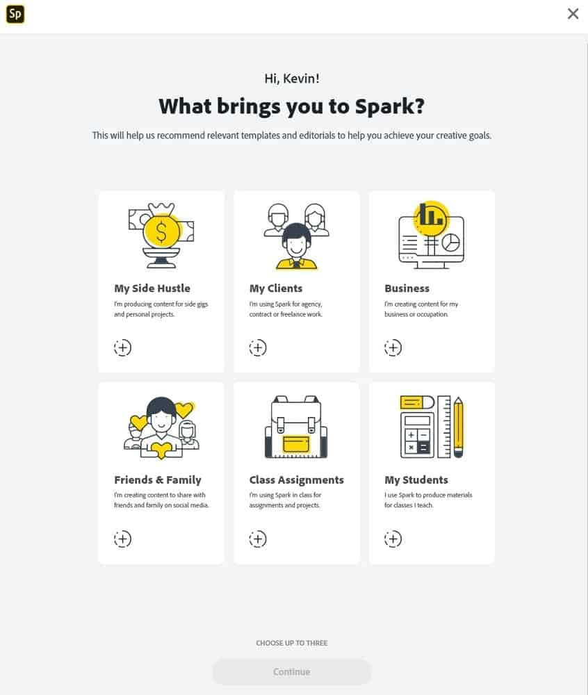 Screenshot der Ersteinrichtungsoptionen von Adobe Spark