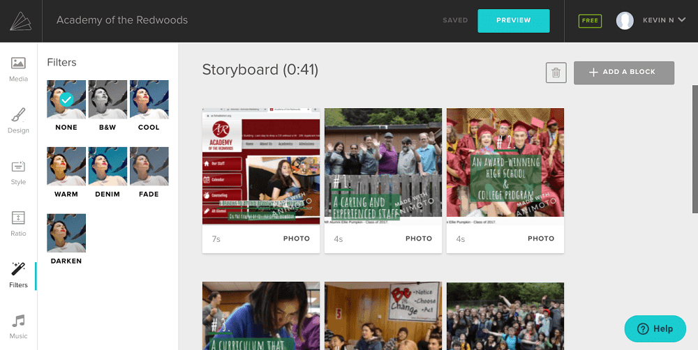 Screenshot von Animoto, das einen Filter auswählt.