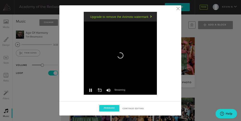 Screenshot von Animoto, das Audio ändert.