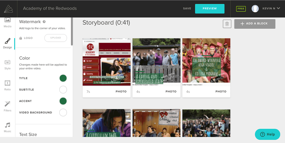Screenshot von Animoto, das die Videoeigenschaften ändert.