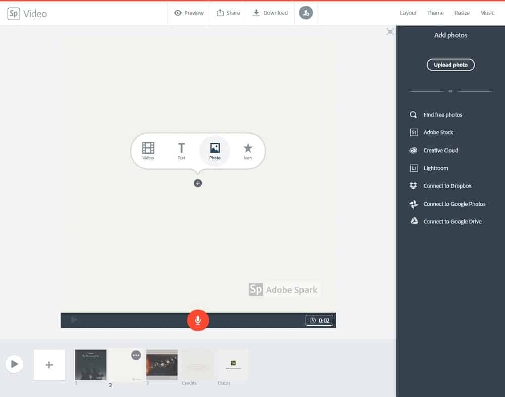 Screenshot von Adobe Spark beim Auswählen eines Fotos