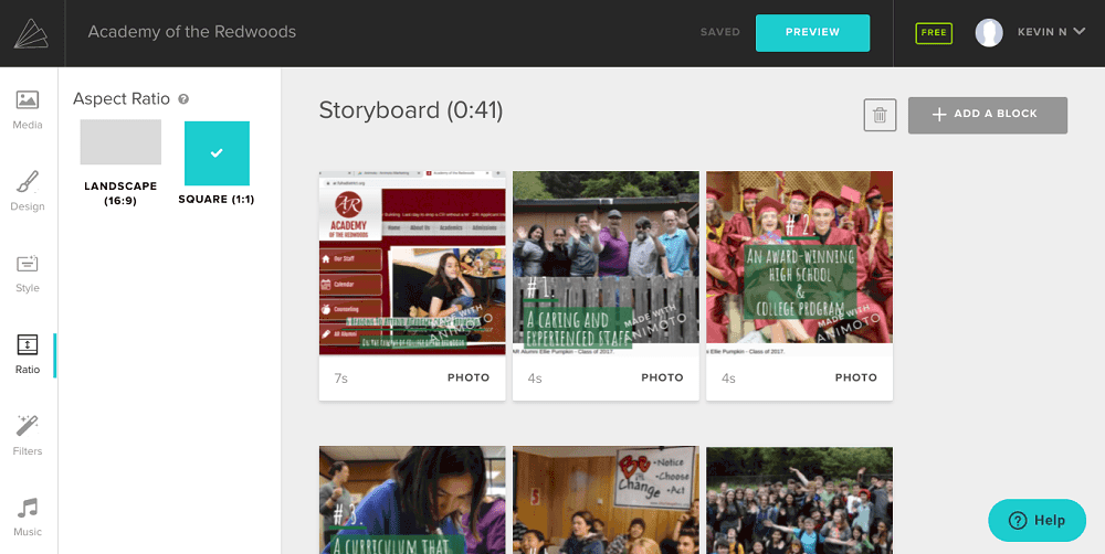 Screenshot von Animoto, das das Seitenverhältnis auswählt.