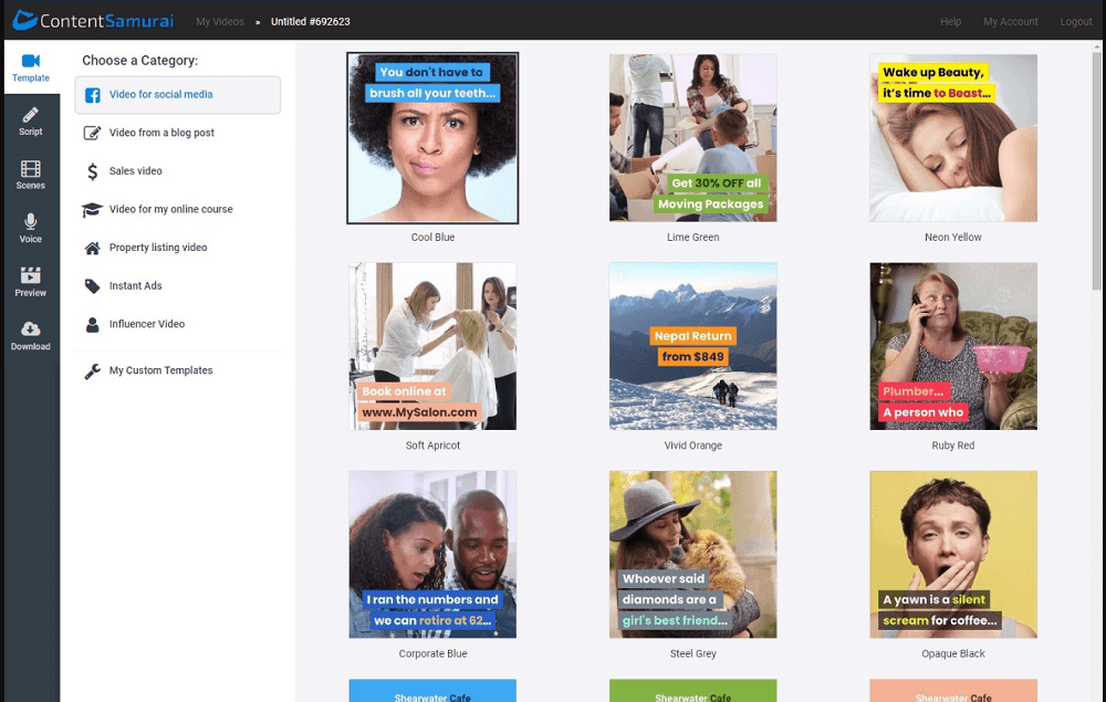 Screenshot von Content Samurai, der eine neue Vorlage auswählt.