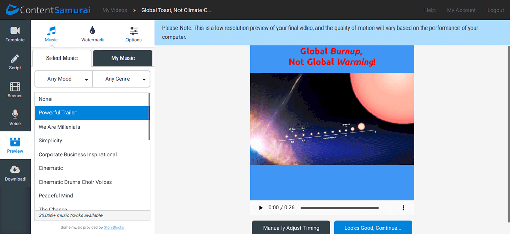 Screenshot von Content Samurai, der Musik hinzufügt.