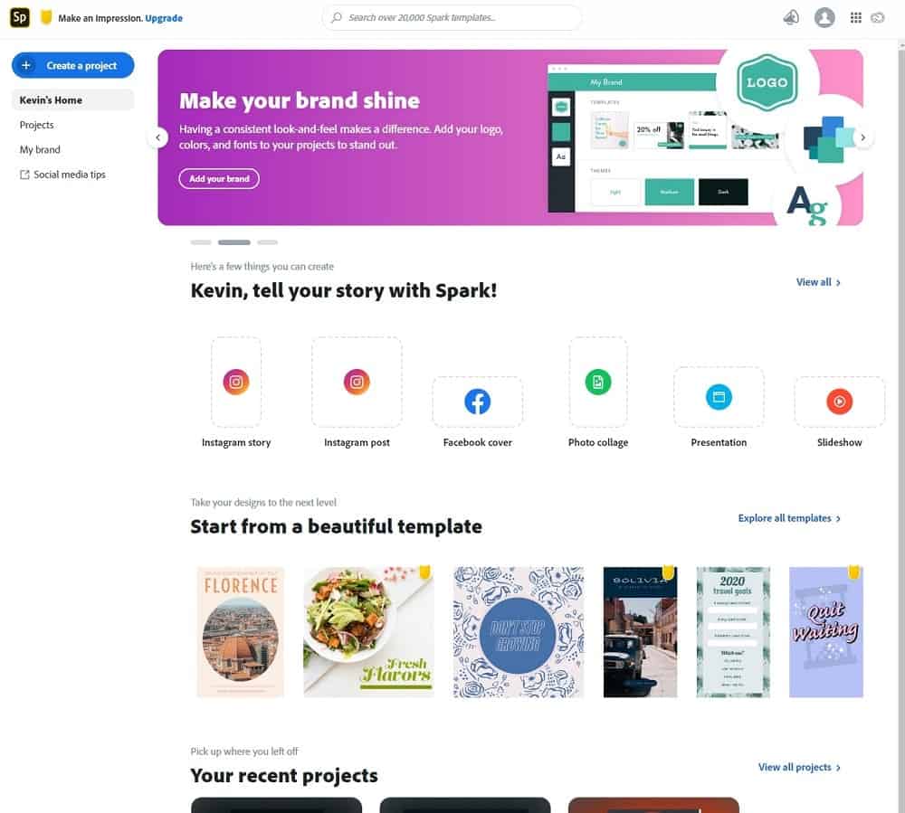 Screenshot der Erststartoptionen von Adobe Spark