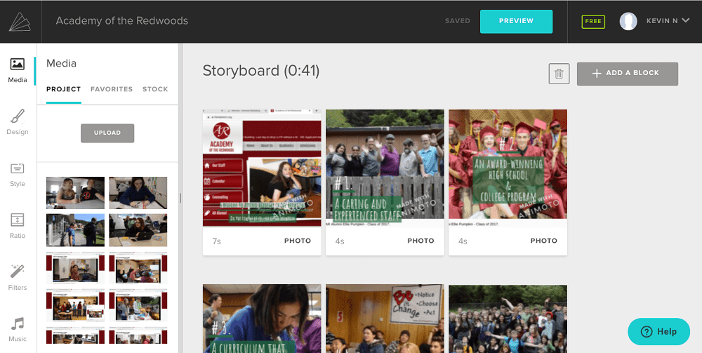 Screenshot von Animoto beim Zugriff auf Lieblingsmedien.