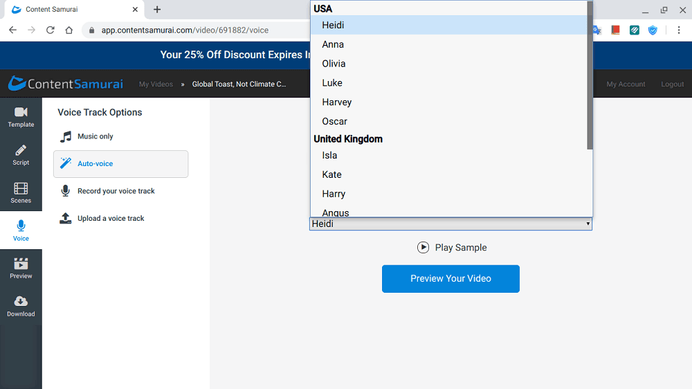 Screenshot der Erzählerauswahl von Content Samurai.
