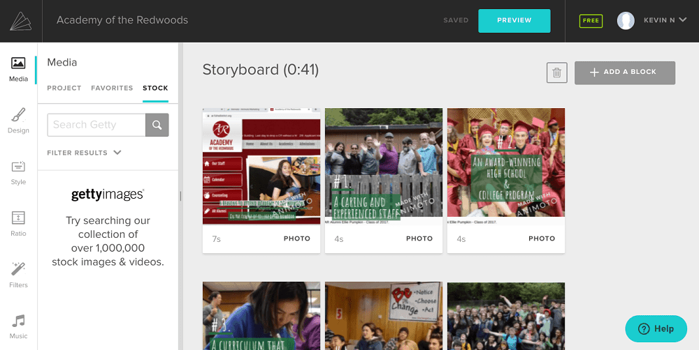 Screenshot von Animoto beim Zugriff auf Archivmedien.