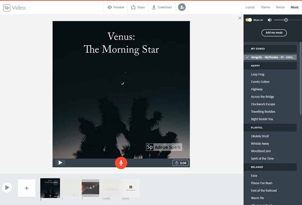 Screenshot von Adobe Spark, der einen Musik-Sprachtrack auswählt.