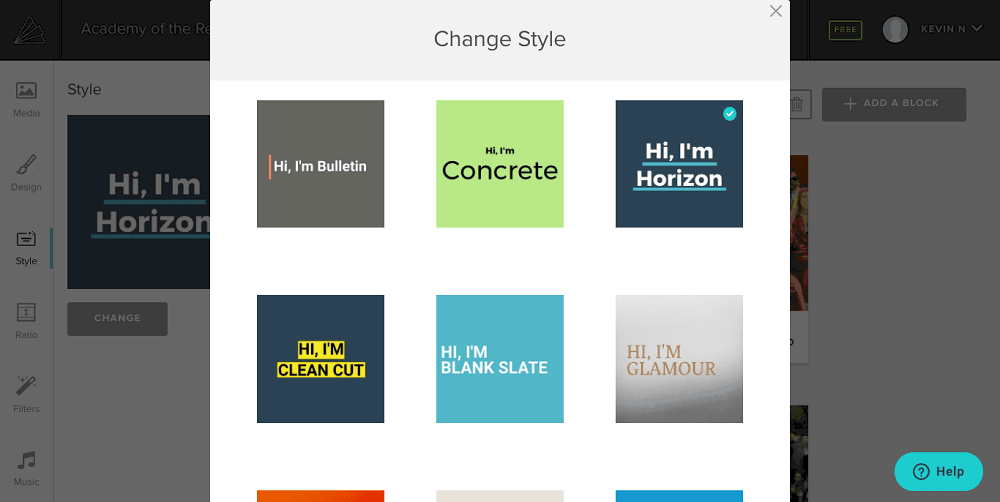 Screenshot von Animoto, das einen Stil ändert.