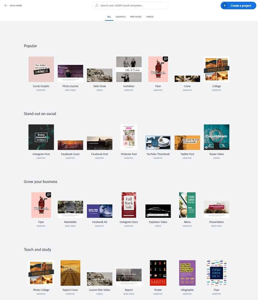 Screenshot von Adobe Spark mit vielen Vorlagenoptionen.