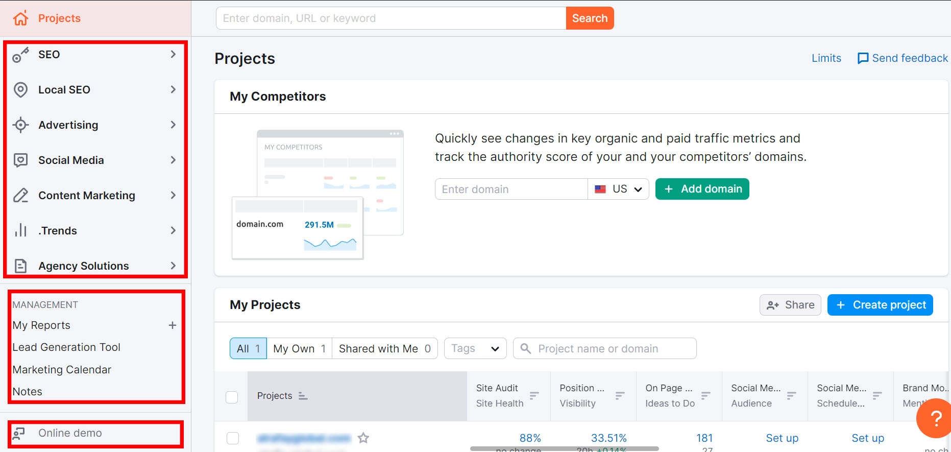 Okienko nawigacji Semrush