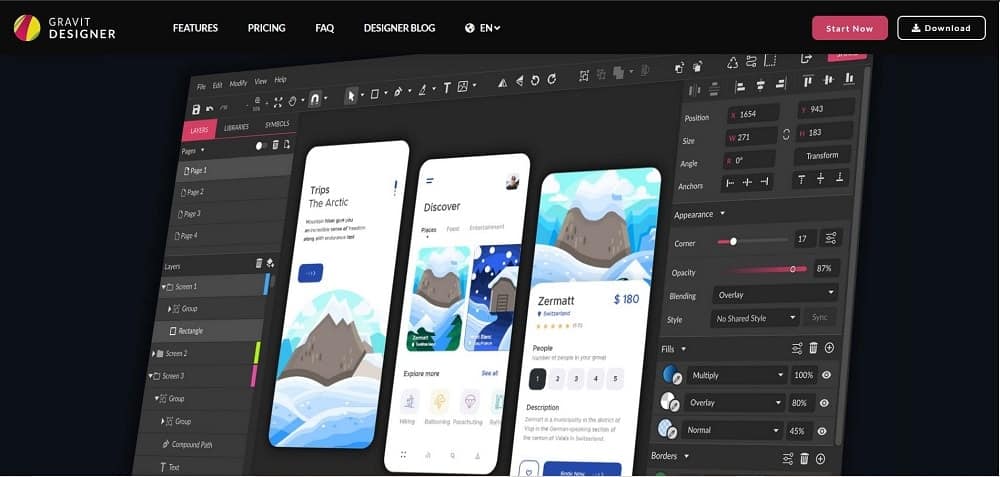 لقطة شاشة لأداة برنامج مصمم الدبوس Gravit Designer.