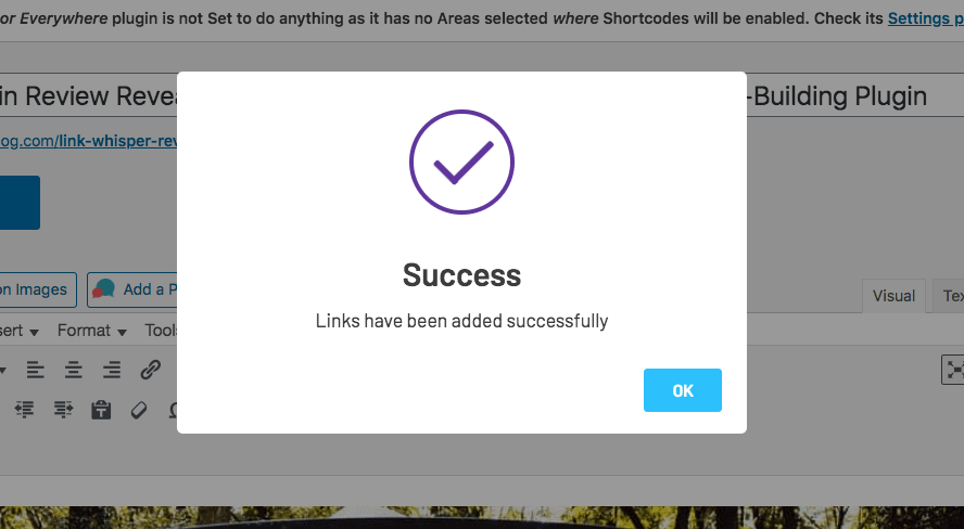 Yeni dahili bağlantılar eklemek için başarı ekranı