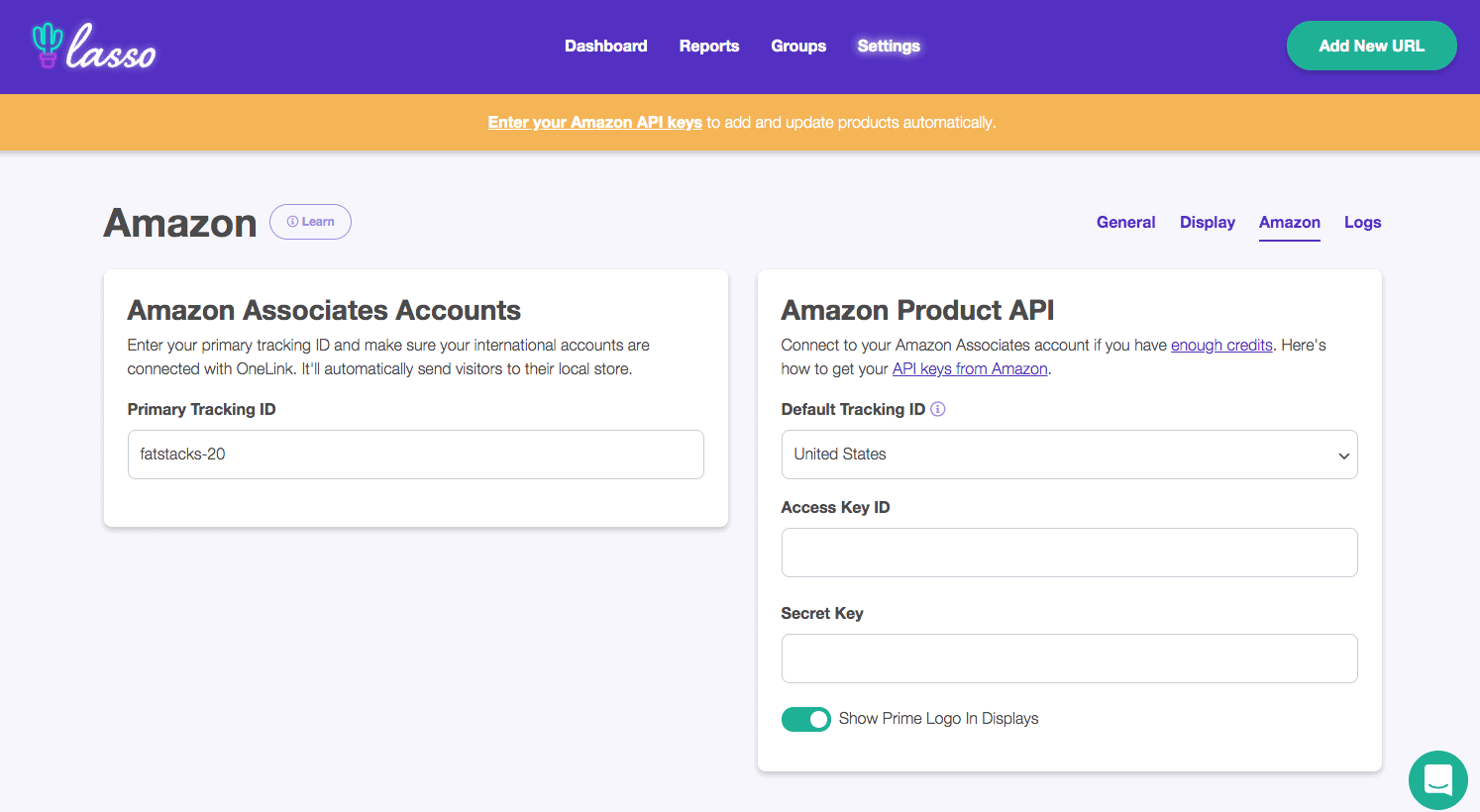 Ekran wprowadzania danych uwierzytelniających partnera Amazon Lasso