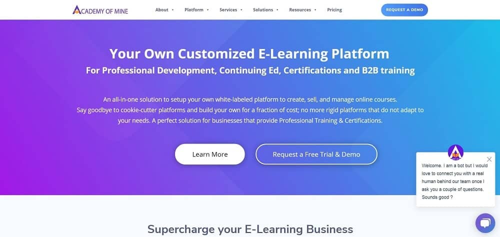 Uma captura de tela da página inicial do software do curso online da Academy of Mine.