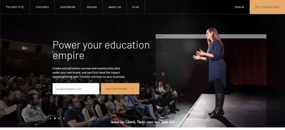 Uma captura de tela da página inicial do software de curso online Thinkific.