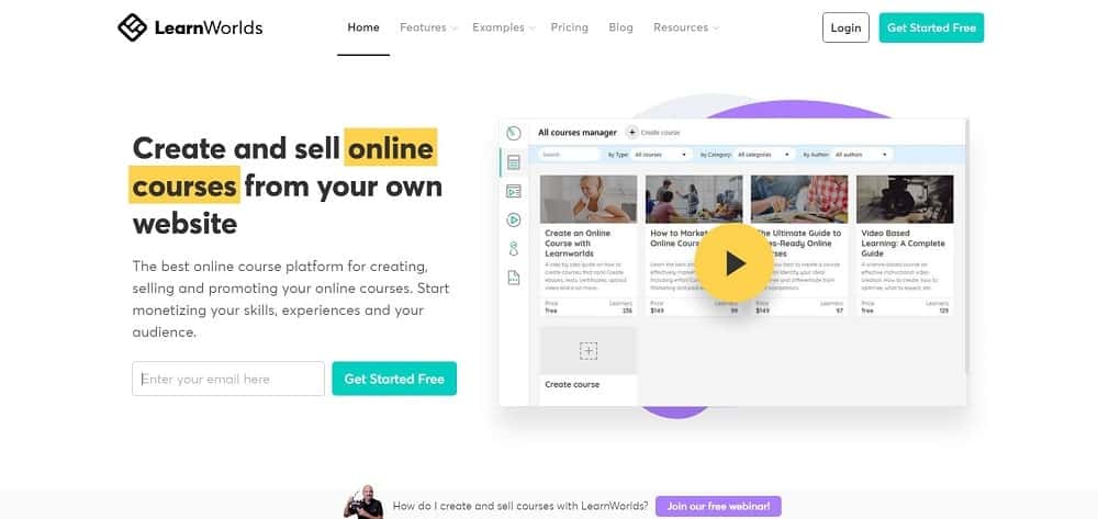 Uma captura de tela da página inicial do software do curso online LearnWorlds.