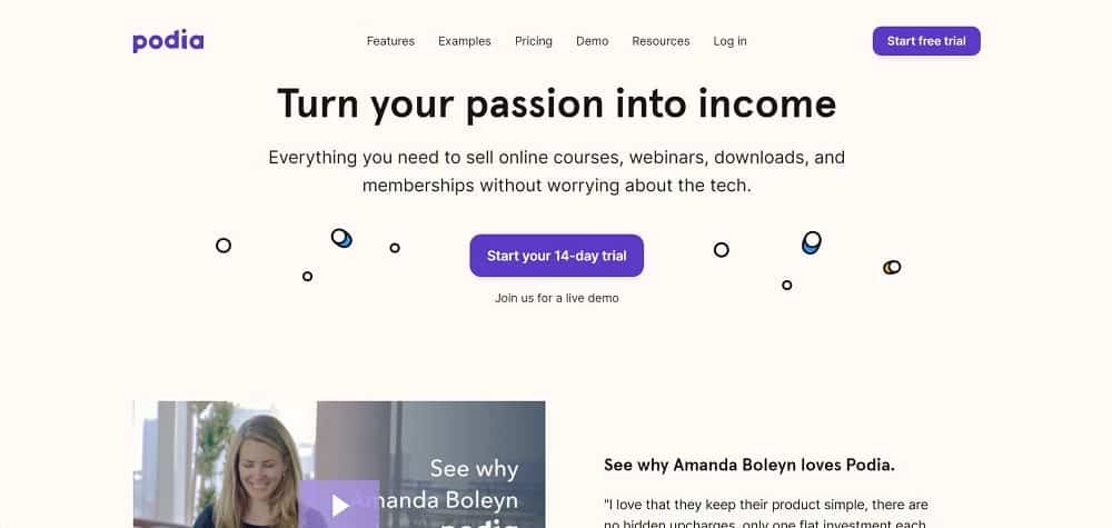 Uma captura de tela da página inicial do software do curso online Podia.