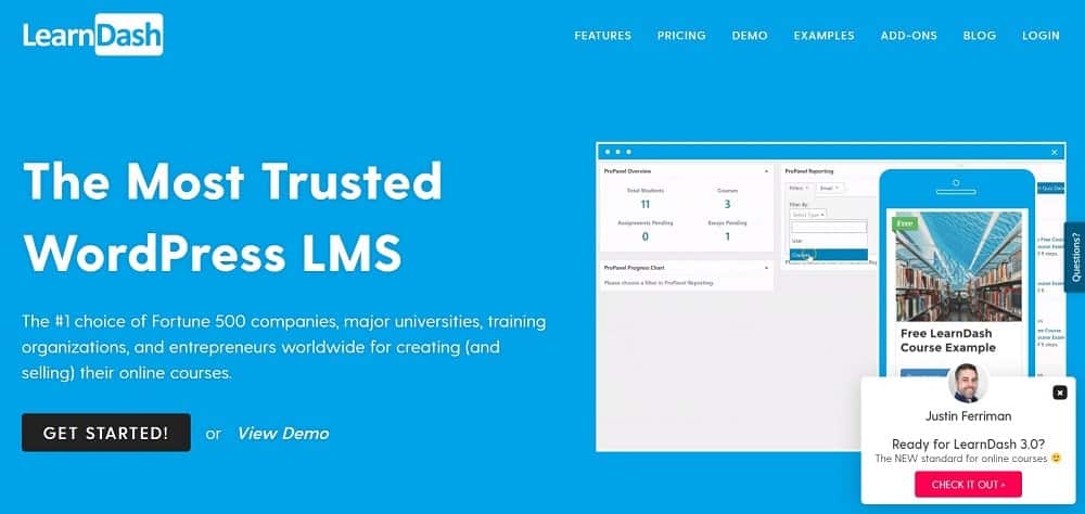 Uma captura de tela da página inicial do software do curso online LearnDash.