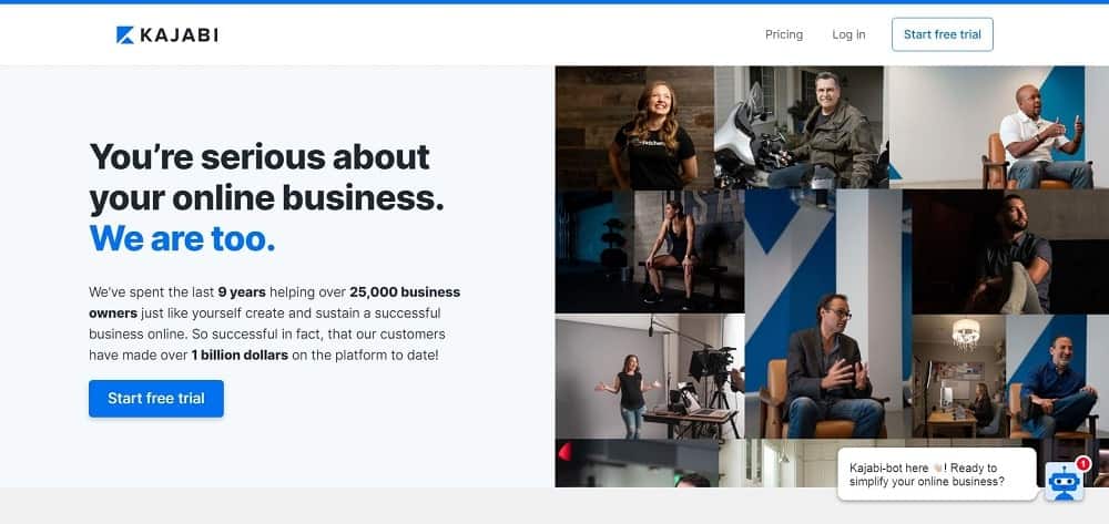 Uma captura de tela da página inicial do software do curso online Kajabi.