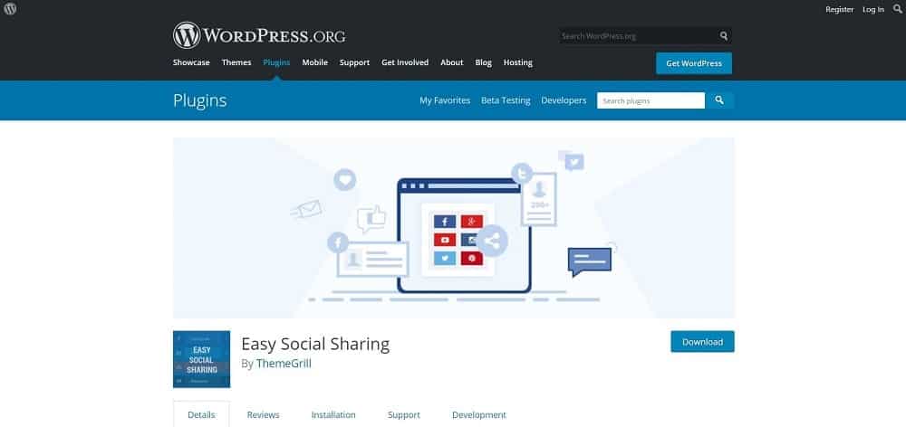 Une capture d'écran de la page d'accueil du plugin de bouton de partage de médias sociaux Easy Social.