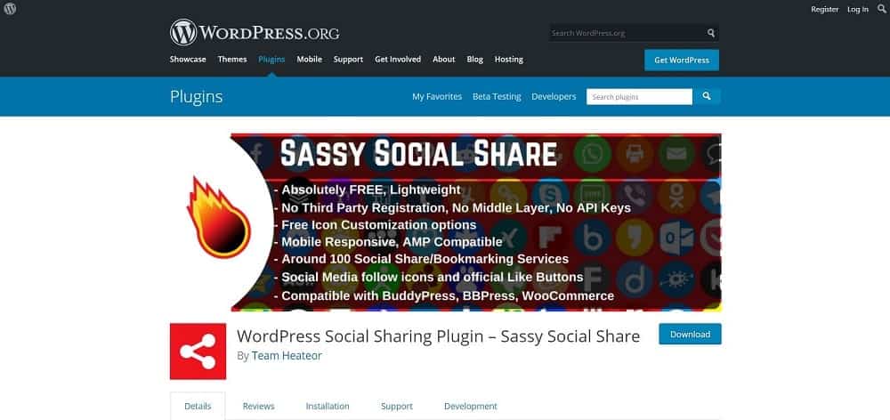 Une capture d'écran de la page d'accueil du plugin de bouton de partage de médias sociaux Sassy Social.