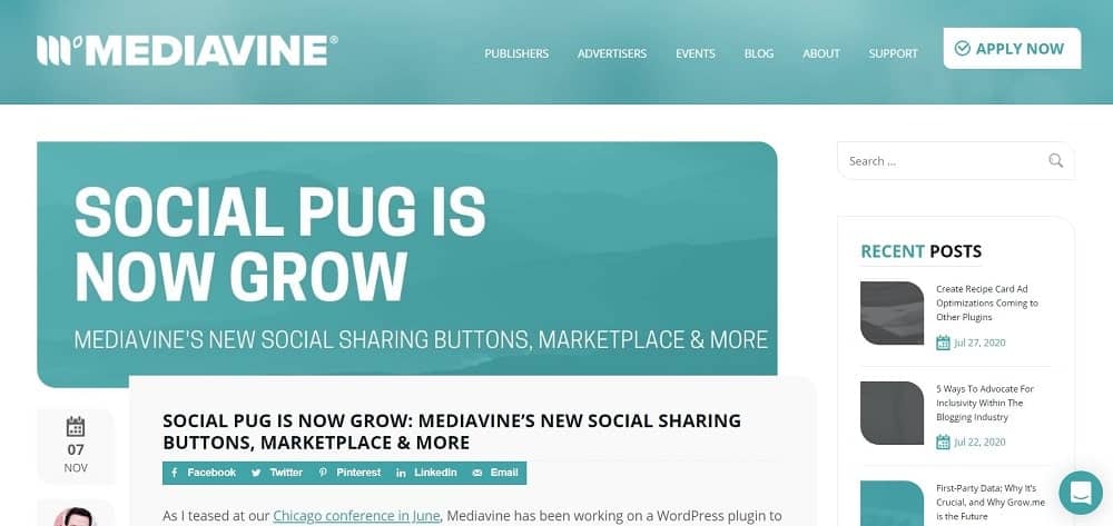 Une capture d'écran de la page d'accueil du plugin de bouton de partage de médias sociaux Grow by Mediavine.
