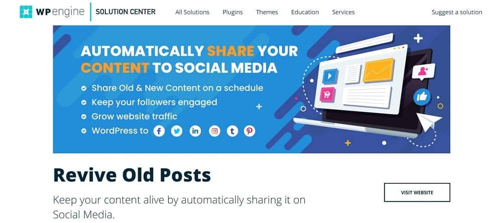 Une capture d'écran de la page d'accueil du plugin du bouton de partage de médias sociaux Revive Old Posts.