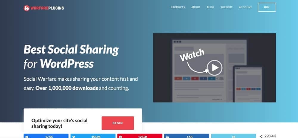 Une capture d'écran de la page d'accueil du plugin de bouton de partage de médias sociaux de Social Warfare.