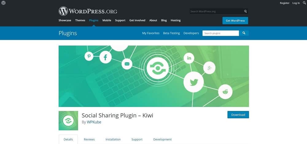 Une capture d'écran de la page d'accueil du plug-in du bouton de partage de médias sociaux Kiwi.