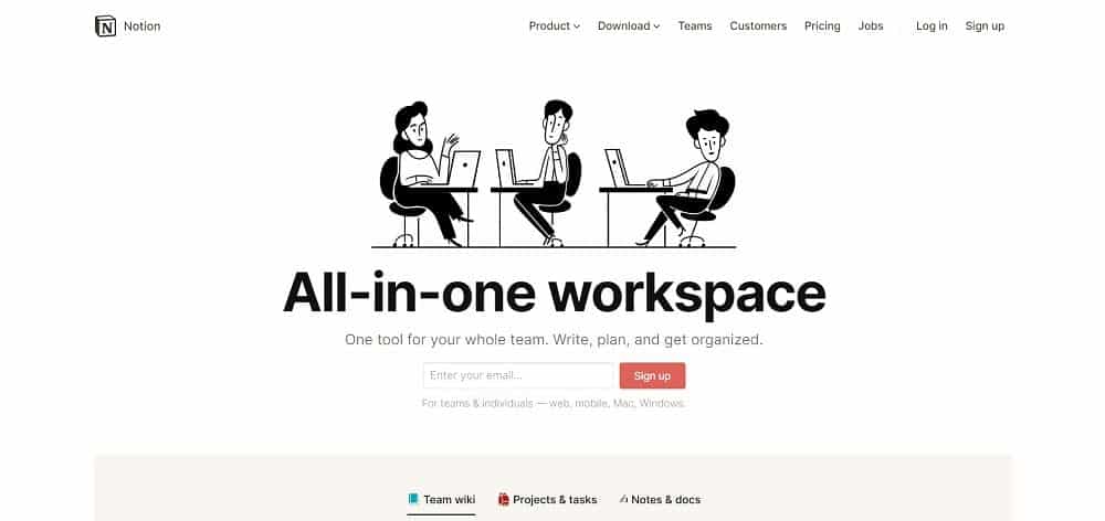 Notion not alma uygulaması ana sayfasının ekran görüntüsü.