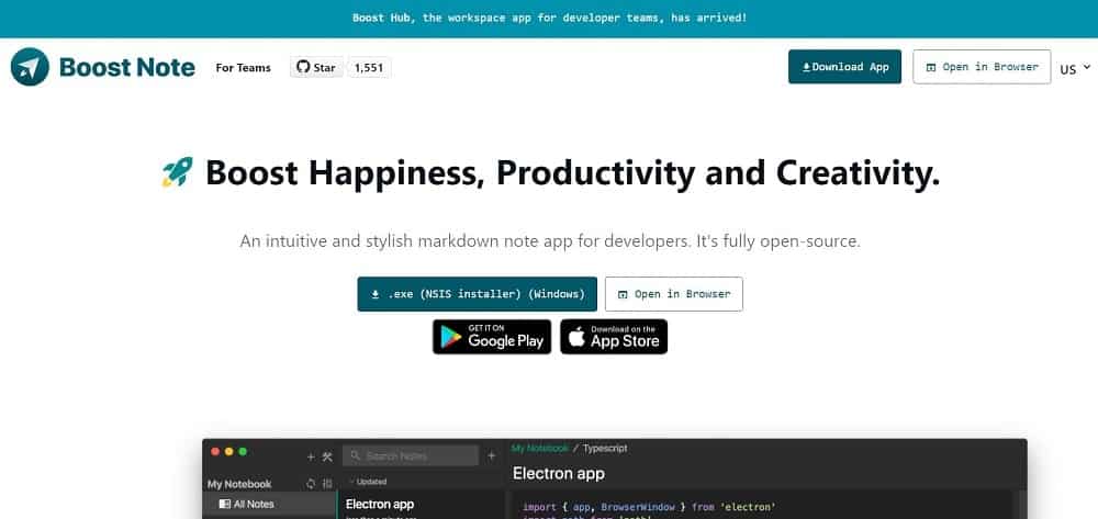 Boost Note not alma uygulaması ana sayfasının ekran görüntüsü.