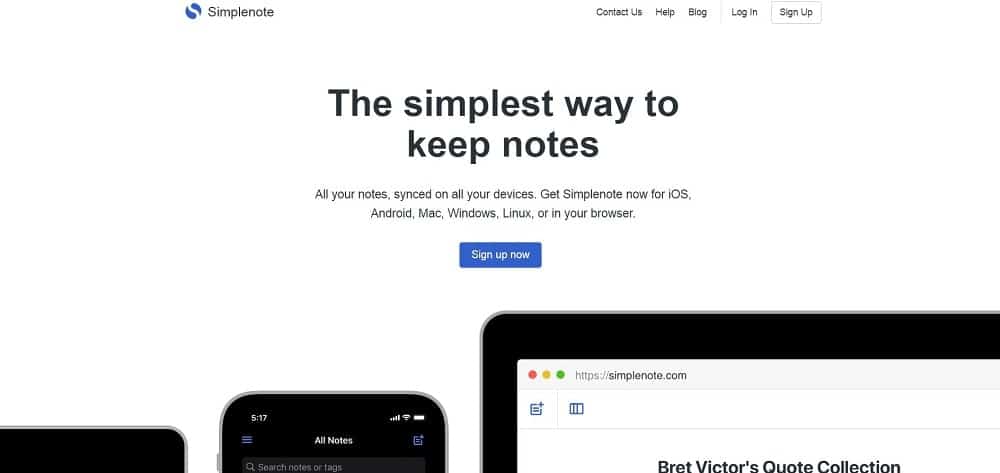 Simplenote not alma uygulaması ana sayfasının ekran görüntüsü.
