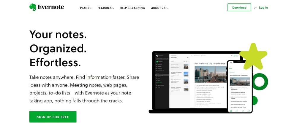 Evernote not alma uygulaması ana sayfasının ekran görüntüsü.