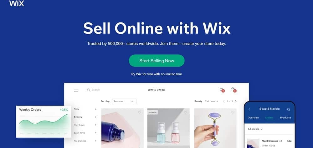 WixStores e-ticaret web sitesi platformu ana sayfasının ekran görüntüsü.