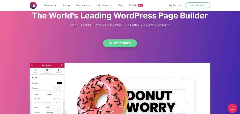 Uno screenshot della homepage del software della pagina di destinazione di Elementor.