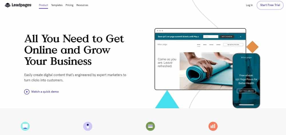 Uno screenshot della home page del software della pagina di destinazione di Leadpages.