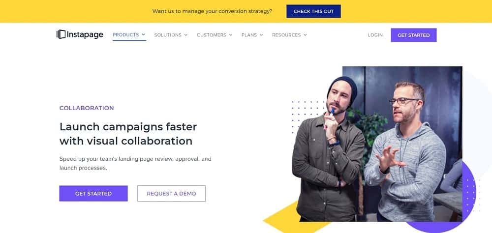 Uno screenshot della home page del software della pagina di destinazione di Instapage.