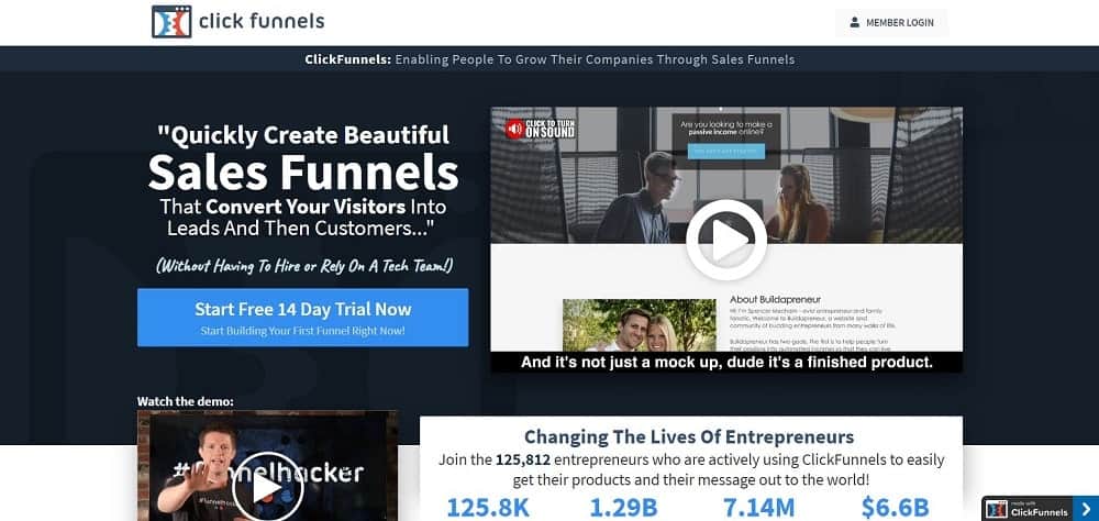 Uno screenshot della home page del software della pagina di destinazione di ClickFunnels.