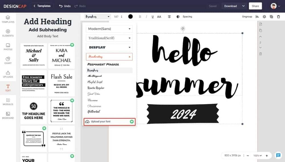 Questa è una schermata dell'editor di testo e intestazione in Designcap.