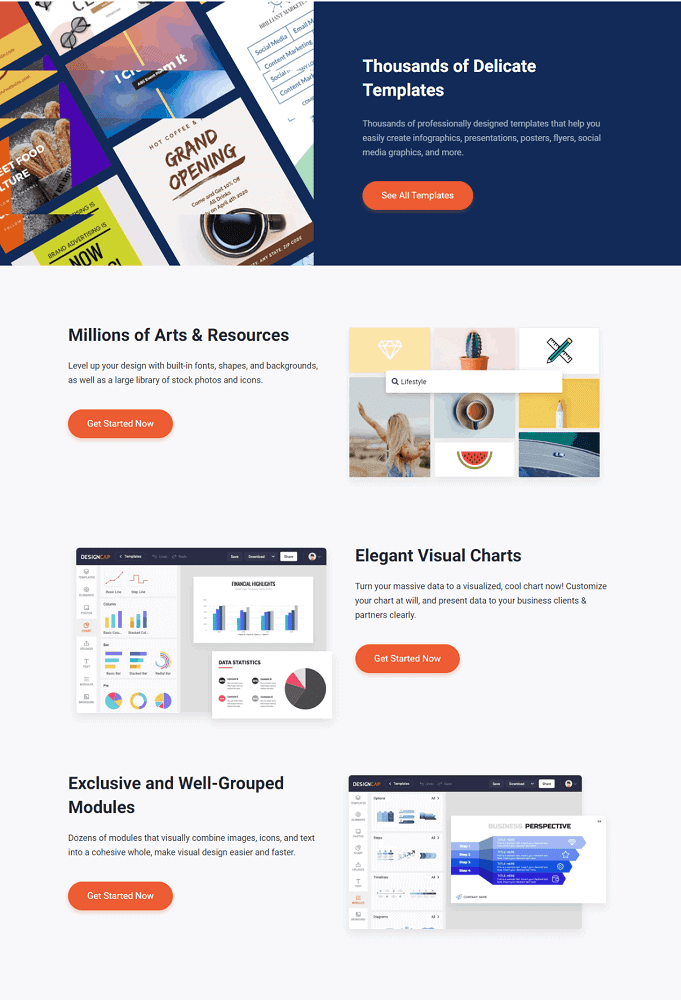 Questo è uno screenshot dei vari vantaggi dell'utilizzo di Designcap.
