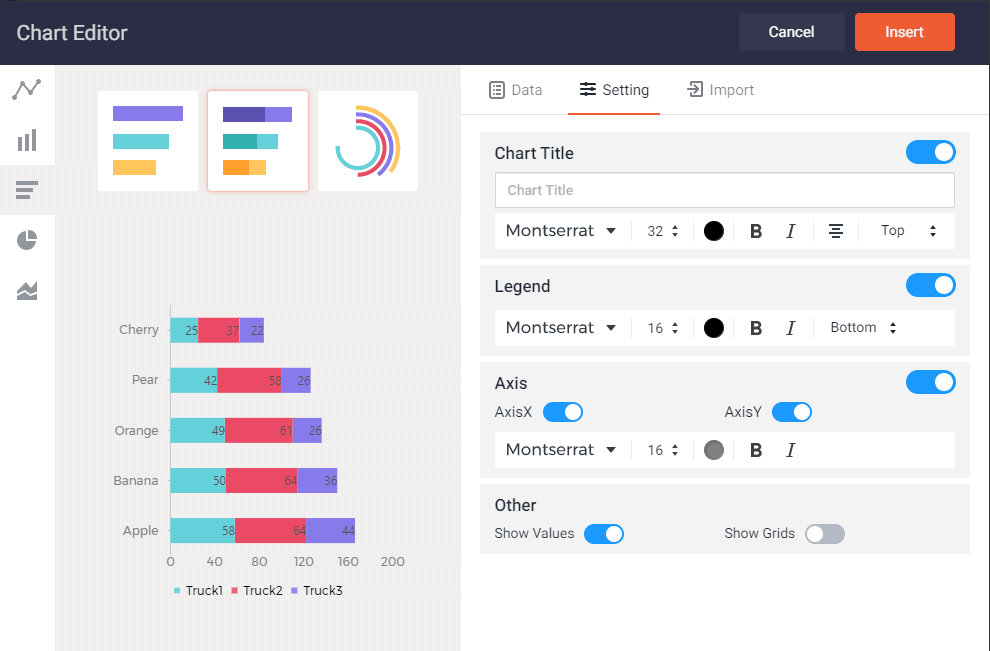 Questa è una schermata dell'editor di grafici in Designcap.