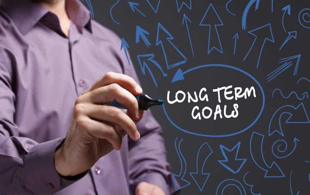 Un homme encercle les mots Objectifs à long terme entourés de dessins de flèches.