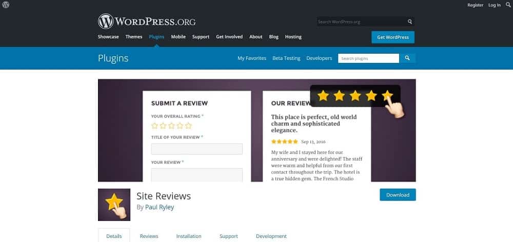 สกรีนช็อตของปลั๊กอินรีวิวผลิตภัณฑ์ Site Reviews สำหรับหน้าแรกของสคีมาและการให้คะแนน