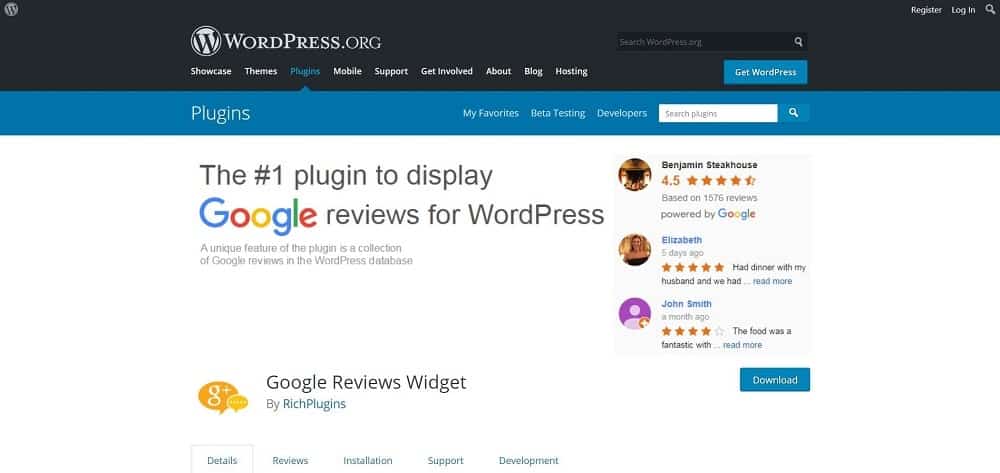 ภาพหน้าจอของปลั๊กอินรีวิวผลิตภัณฑ์ Google Reviews Widget สำหรับหน้าแรกของสคีมาและการให้คะแนน