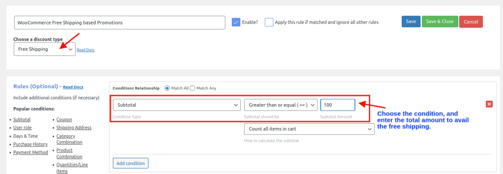 koşulu ve miktarı seçin