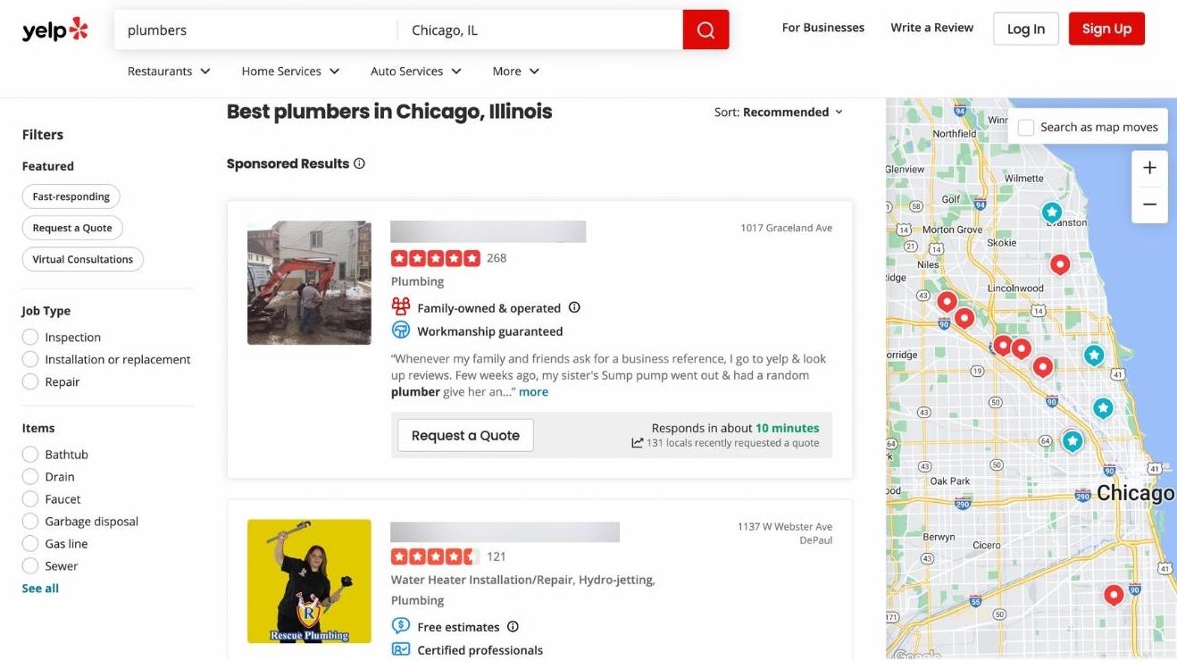 Первые несколько результатов при поиске сантехников Чикаго на Yelp