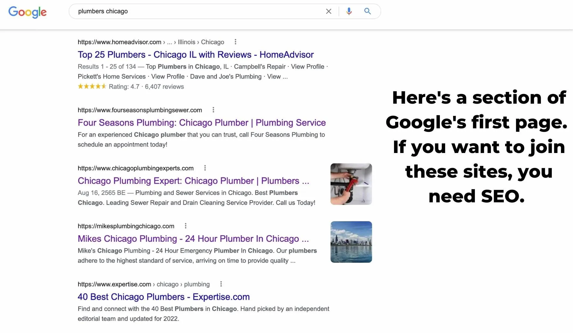 Пример первых нескольких результатов сантехников в Чикаго в поисковой выдаче Google.